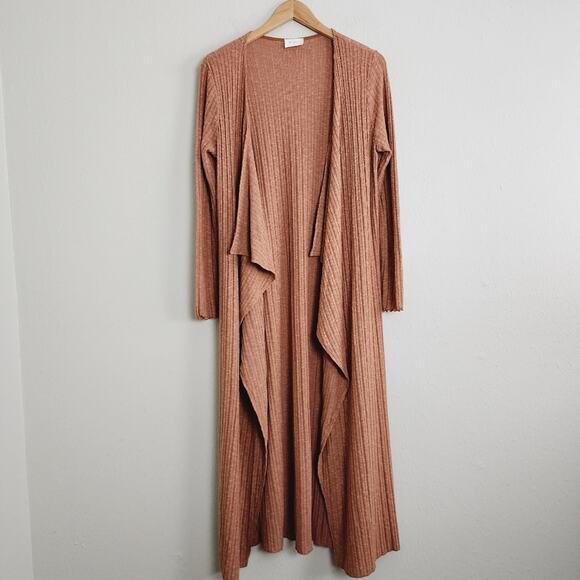 NEW Everly Brown Ribbed Waterfall Open Longline Duster Cardigan - Picture 1 of 10